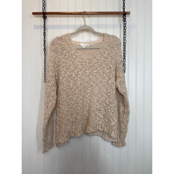 Chelsea & Theodore Women’s Cream Open Knit V-Neck Pullover Sweater Size M - Picture 1 of 6